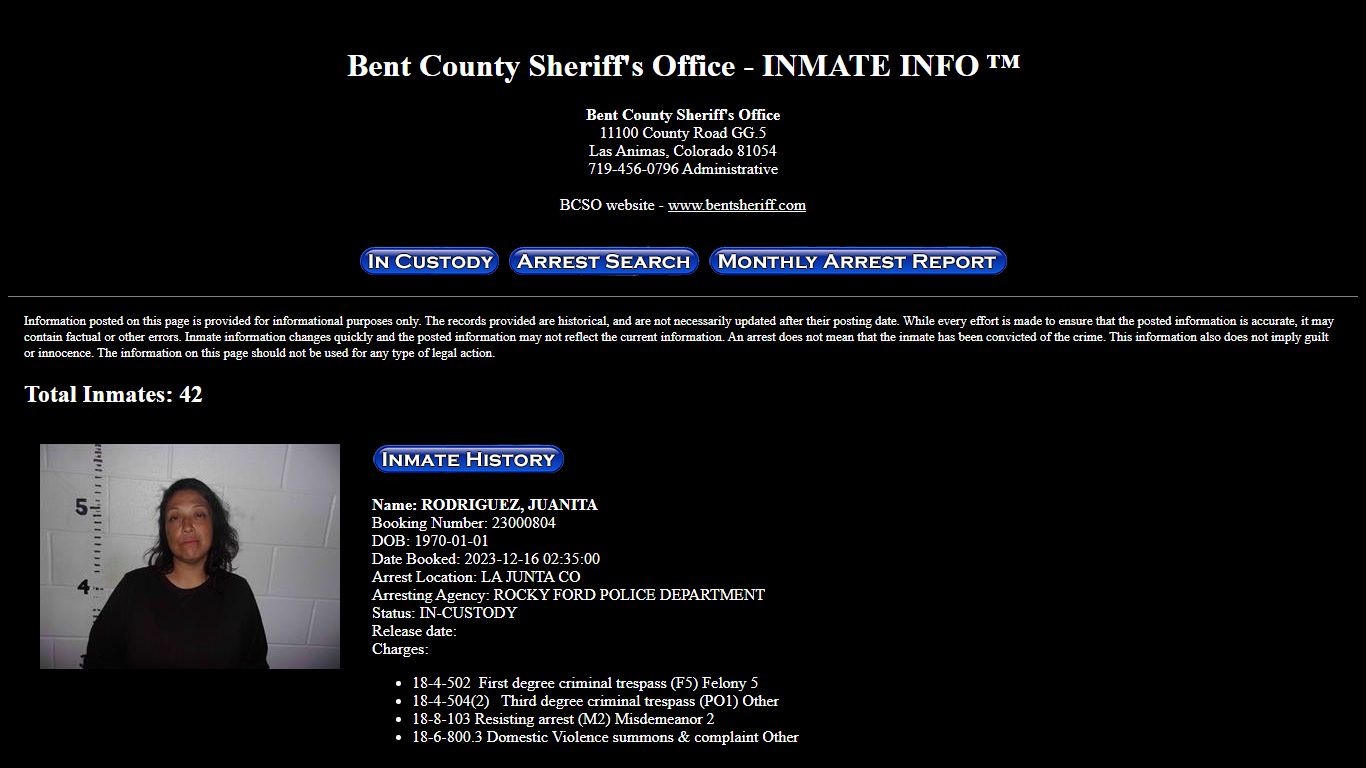 Bent County Sheriff's Office Arrested Inmate Info